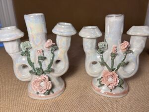 Lusterware Mid Century Opalescent Porcelain Rose Candelabra--Set of 2--Vintage